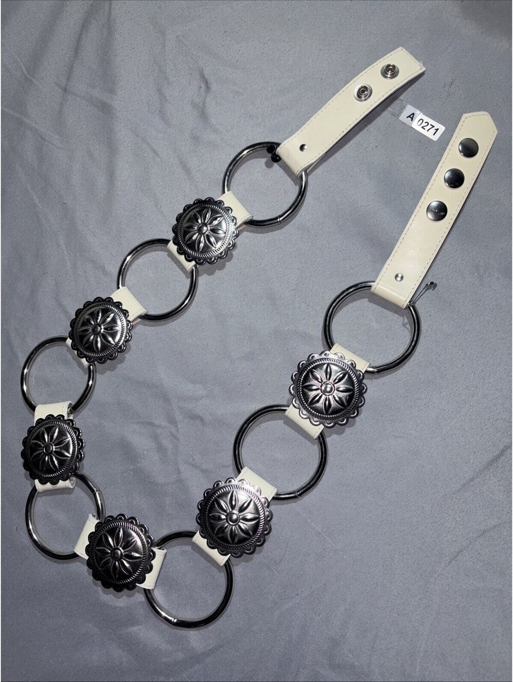 Sexy Cowgirl Silver Ring White Leather Belt Buttons Wide Glamour Fits 32 - 34